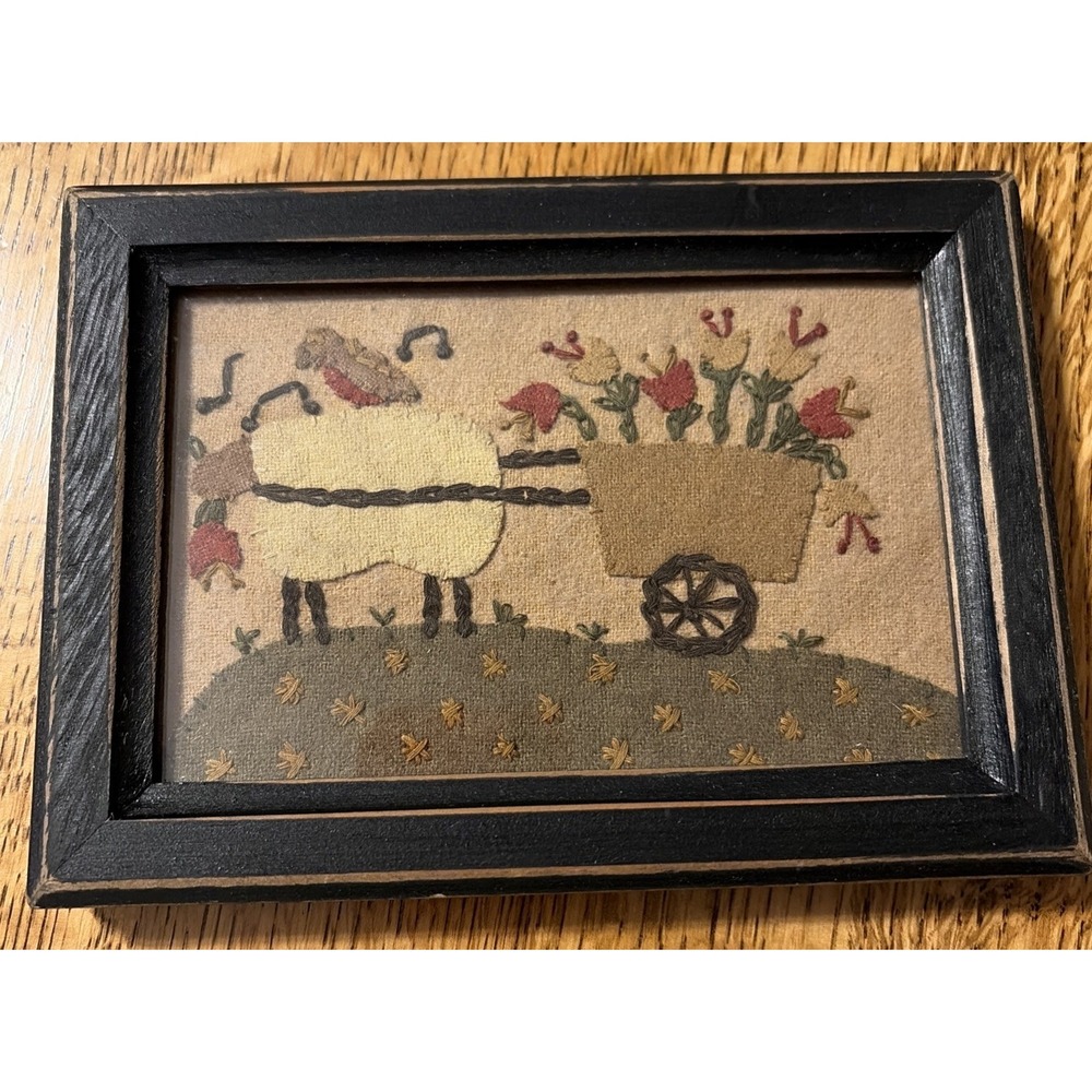 Vintage Primitive Sheep Framed Folk Art Appliqué Fabric Rustic Farmhouse Decor